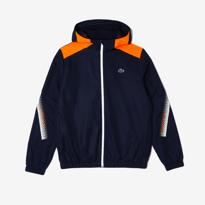 hombres Lacoste 6F24379 azul marino naranja blanco ag4 chamarra de tenis con capucha de poliéster reciclado