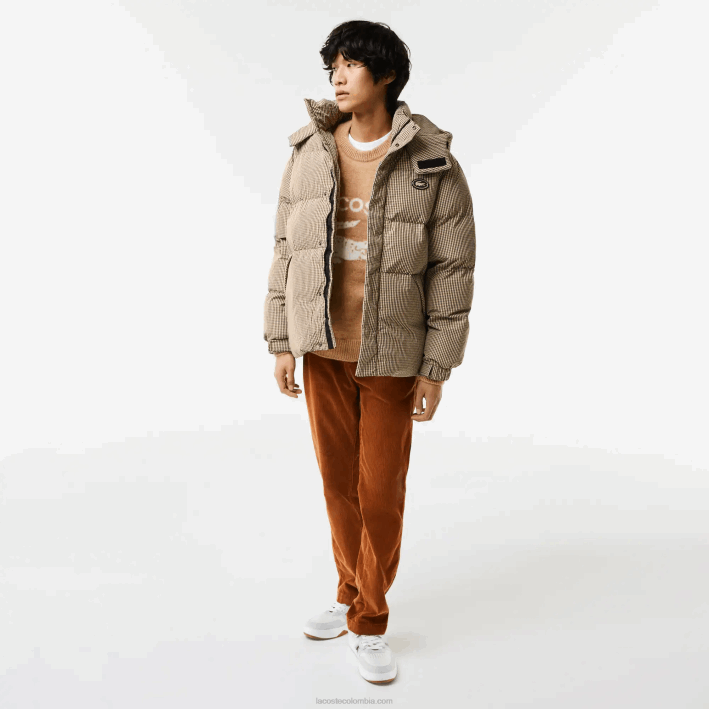 hombres Lacoste 6F24399 beige marino caqui verde 87e chaqueta acolchada de sarga repelente al agua con estampado de cuadros