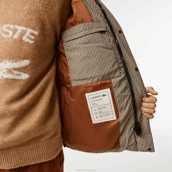 hombres Lacoste 6F24399 beige marino caqui verde 87e chaqueta acolchada de sarga repelente al agua con estampado de cuadros
