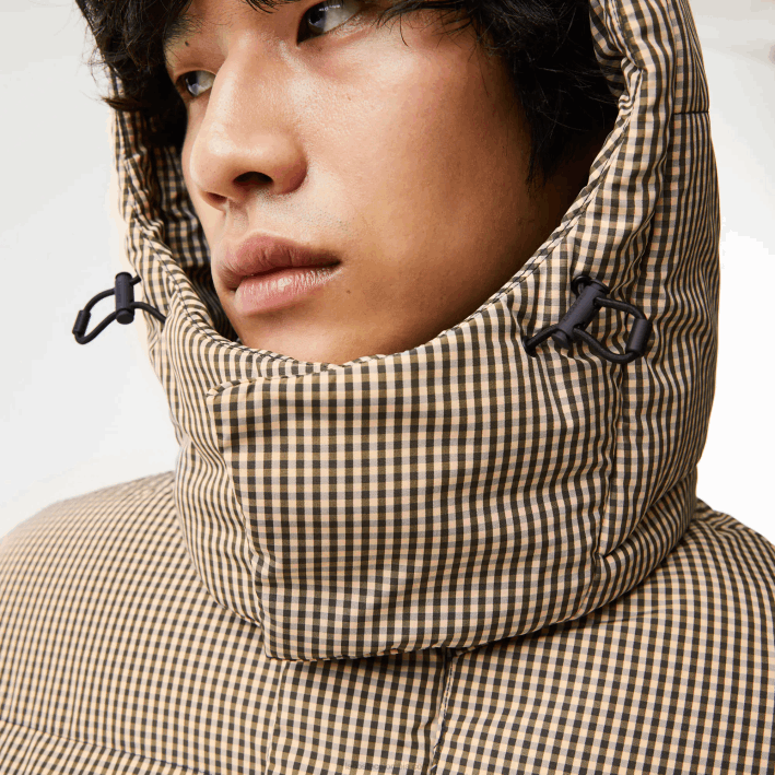 hombres Lacoste 6F24399 beige marino caqui verde 87e chaqueta acolchada de sarga repelente al agua con estampado de cuadros