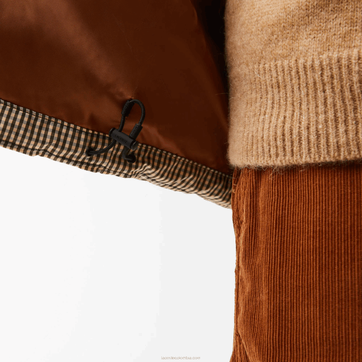 hombres Lacoste 6F24399 beige marino caqui verde 87e chaqueta acolchada de sarga repelente al agua con estampado de cuadros