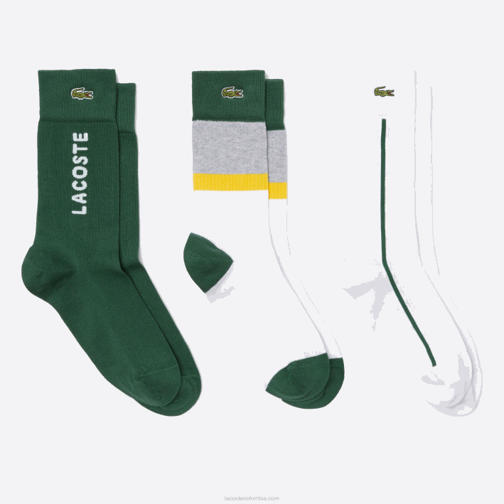 hombres Lacoste 6F241686 gris lomo amarillo verde lly pack de tres pares de calcetines de canalé de corte alto hombres Lacoste 6F241686 gris lomo amarillo verde lly pack de tres pares de calcetines de canalé de corte alto