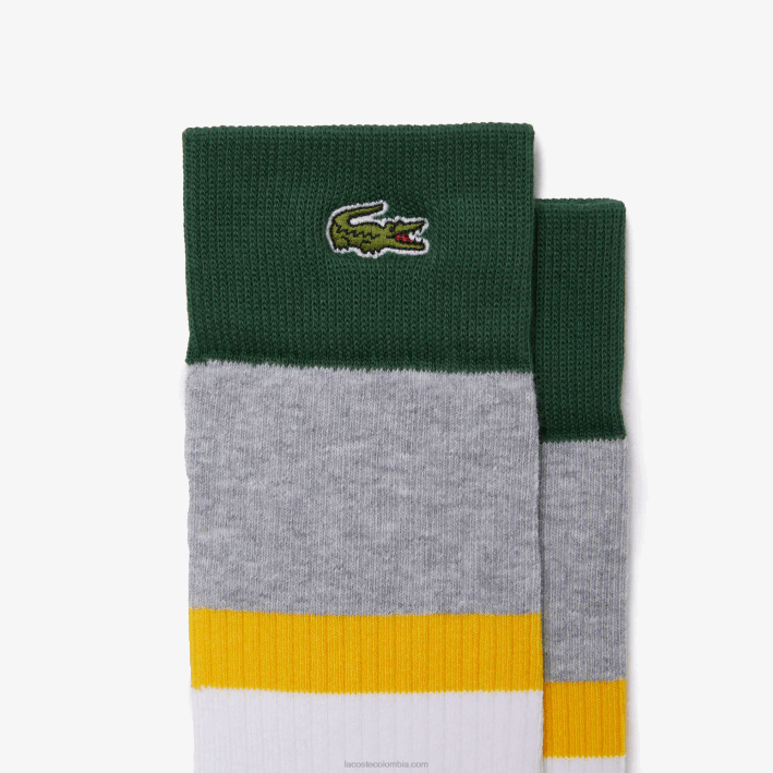 hombres Lacoste 6F241686 gris lomo amarillo verde lly pack de tres pares de calcetines de canalé de corte alto