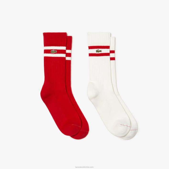 hombres Lacoste 6F24514 gru blanco rojo calcetines de canalé con rayas en contraste