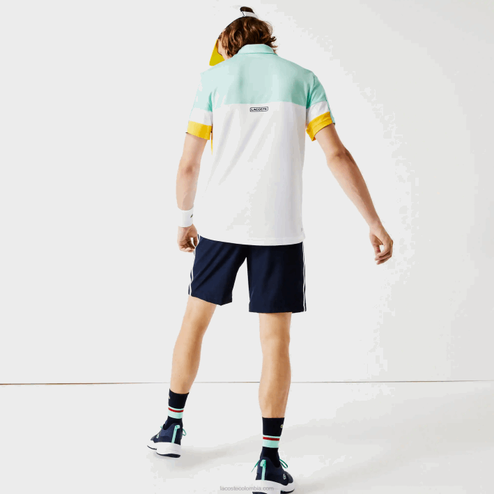 hombres Lacoste 6F241363 azul marino amarillo blanco apk shorts deportivos ligeros con bandas en contraste