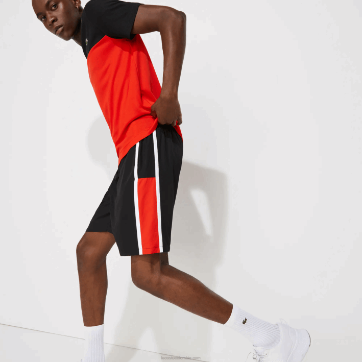 hombres Lacoste 6F241365 negro rojo blanco g54 shorts deportivos ligeros con paneles colorblock