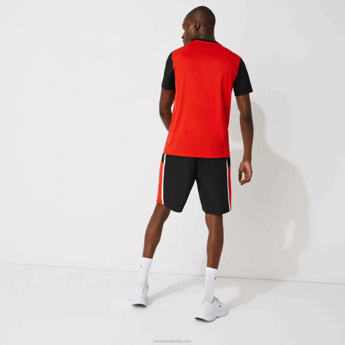 hombres Lacoste 6F241365 negro rojo blanco g54 shorts deportivos ligeros con paneles colorblock