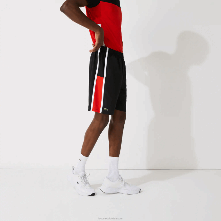 hombres Lacoste 6F241365 negro rojo blanco g54 shorts deportivos ligeros con paneles colorblock