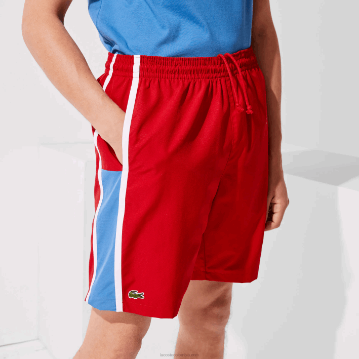 hombres Lacoste 6F241366 rojo azul blanco cmj shorts deportivos ligeros con paneles colorblock