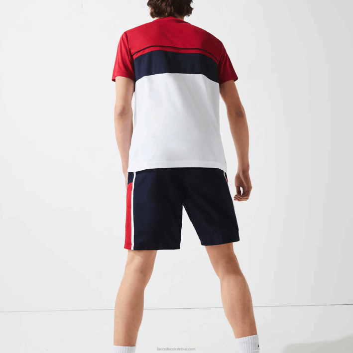 hombres Lacoste 6F241367 azul marino rojo blanco mwp shorts deportivos ligeros con paneles colorblock