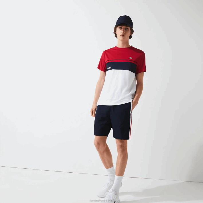 hombres Lacoste 6F241367 azul marino rojo blanco mwp shorts deportivos ligeros con paneles colorblock