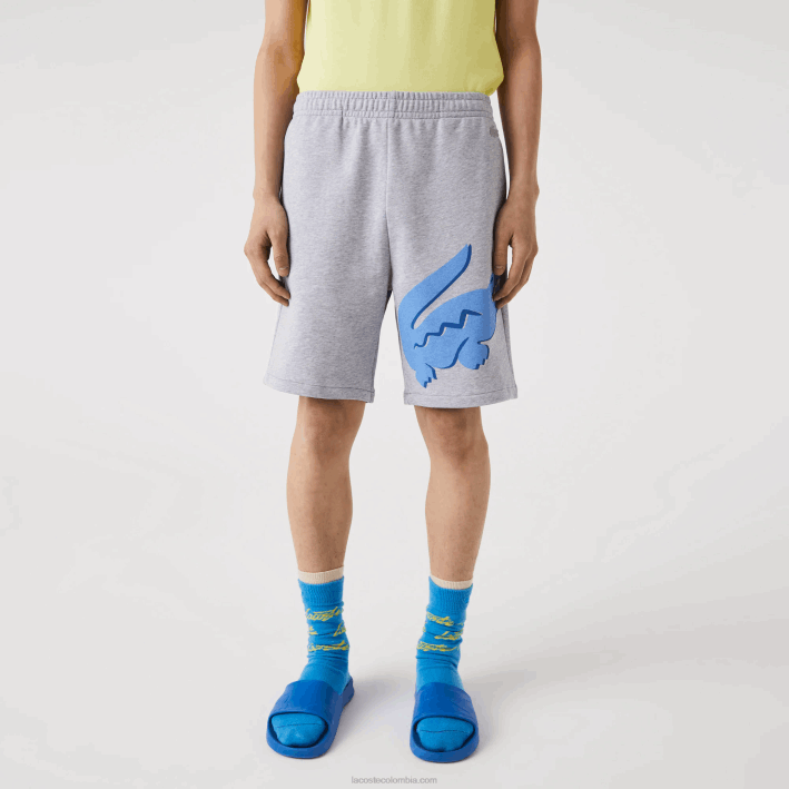 hombres Lacoste 6F241418 lomo gris cca shorts extragrandes de felpa de algodón orgánico con estampado de cocodrilo