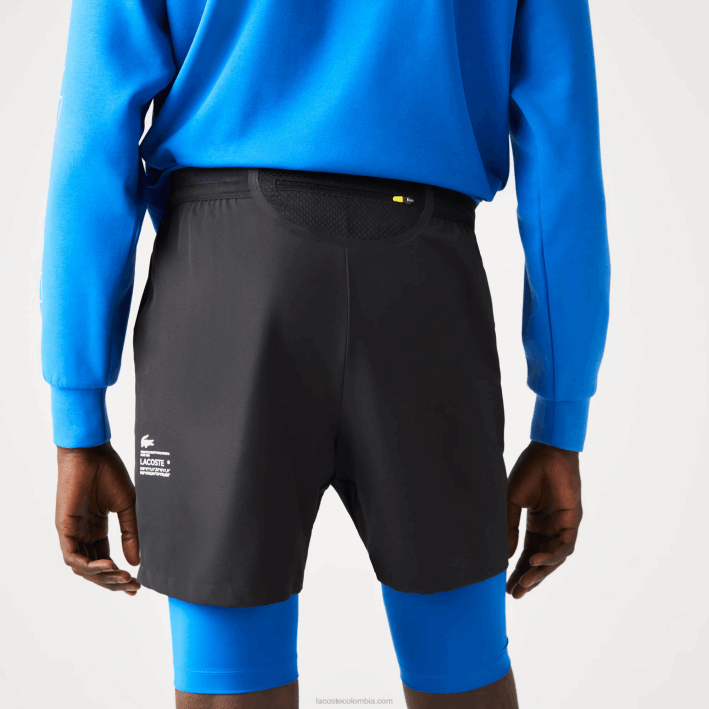 hombres Lacoste 6F241423 negro azul 985 shorts deportivos 3 en 1 con forro incorporado