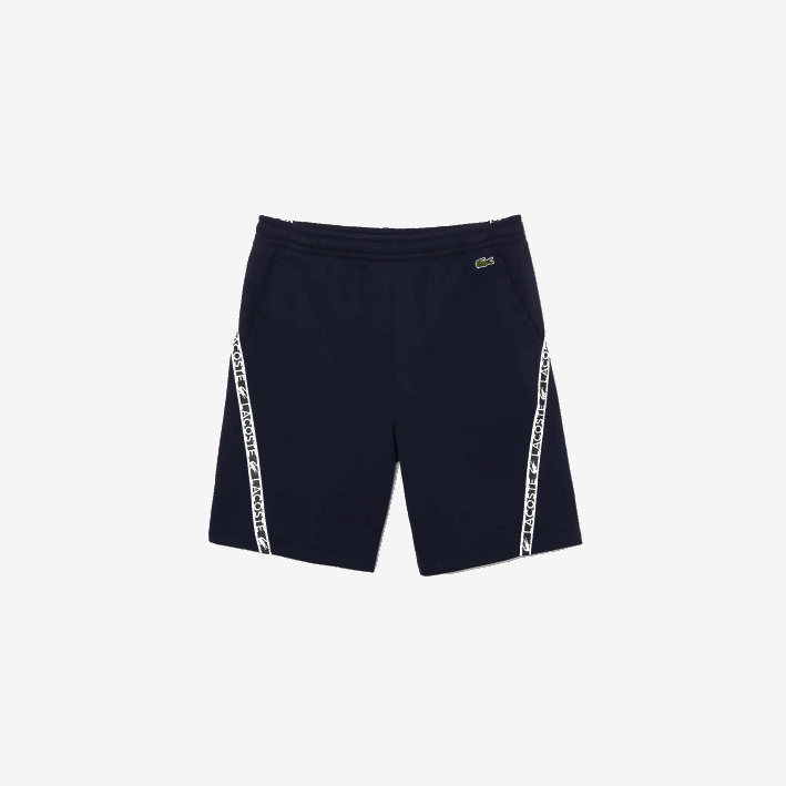 hombres Lacoste 6F241496 azul marino 166 shorts de felpa cepillada con bandas estampadas