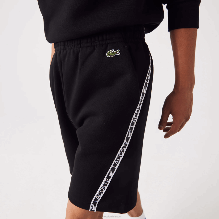 hombres Lacoste 6F241497 negro 031 shorts de felpa cepillada con bandas estampadas