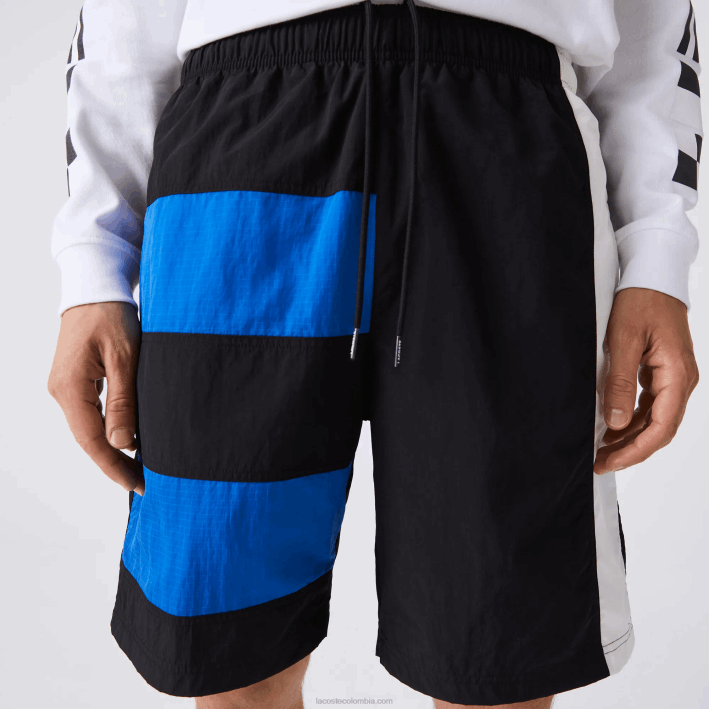 hombres Lacoste 6F241500 negro azul blanco se1 shorts con efecto patchwork y bloques de color