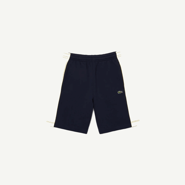 hombres Lacoste 6F241516 azul marino amarillo 144 shorts de felpa cepillada con bloques de color