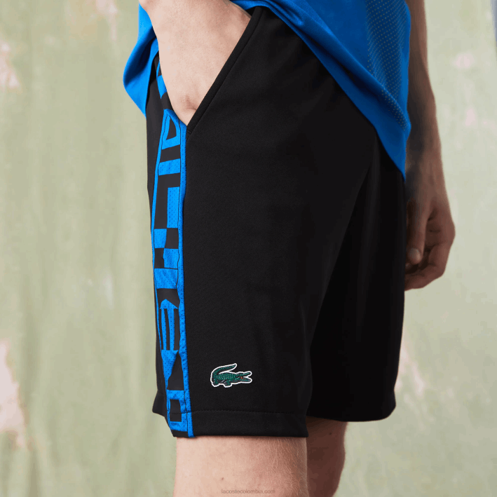 hombres Lacoste 6F241535 negro c31 shorts deportivos de tenis con estampado en contraste