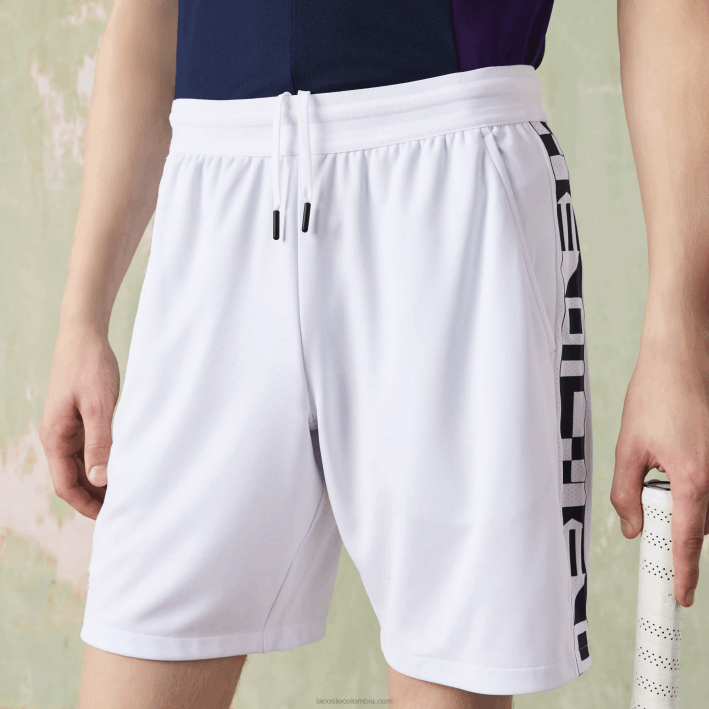 hombres Lacoste 6F241536 blanco 800 shorts deportivos de tenis con estampado en contraste