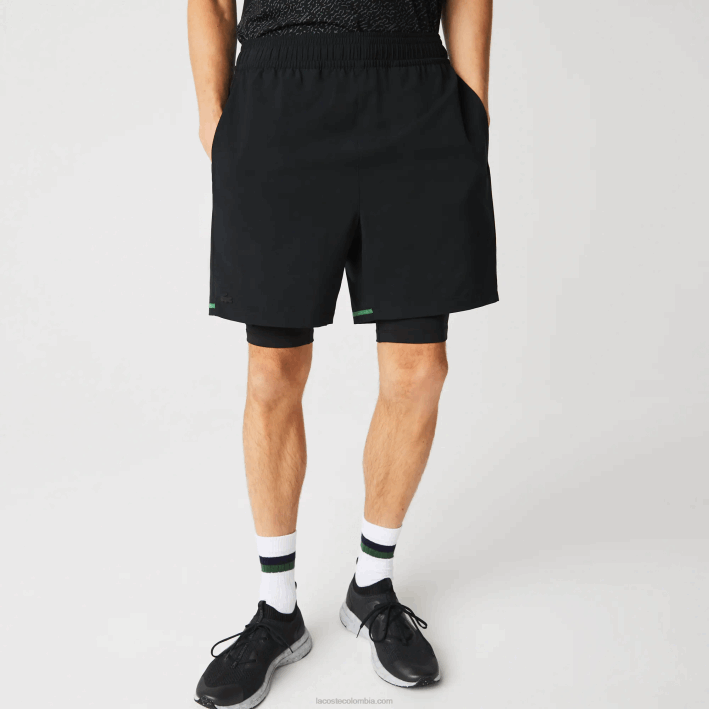 hombres Lacoste 6F241545 negro verde blanco 9az shorts deportivos a capas