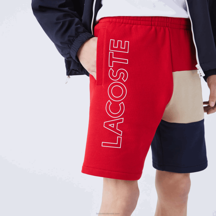hombres Lacoste 6F241558 rojo beige azul marino 1fu bermudas de polar con bloques de color y letras