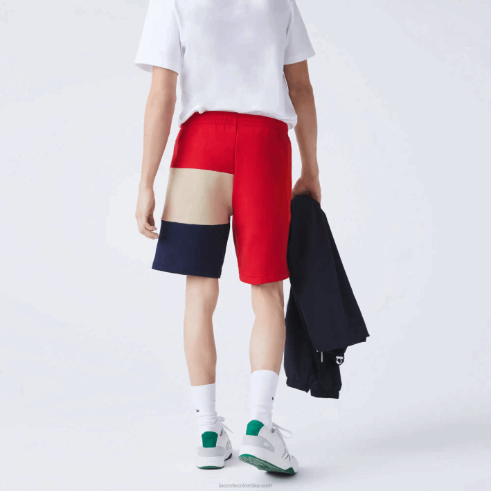 hombres Lacoste 6F241558 rojo beige azul marino 1fu bermudas de polar con bloques de color y letras
