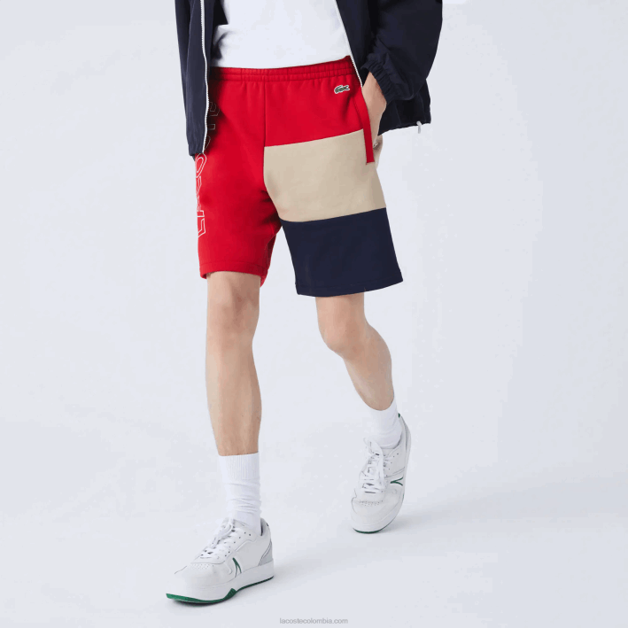 hombres Lacoste 6F241558 rojo beige azul marino 1fu bermudas de polar con bloques de color y letras