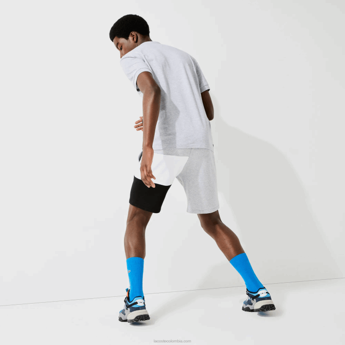 hombres Lacoste 6F241559 gris chino blanco negro p0f bermudas de polar con bloques de color y letras