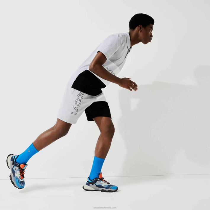 hombres Lacoste 6F241559 gris chino blanco negro p0f bermudas de polar con bloques de color y letras