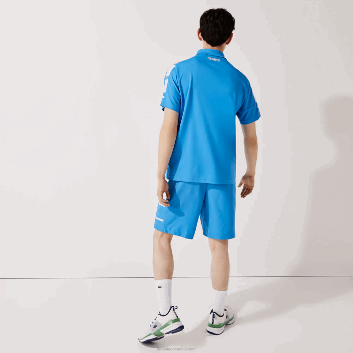 hombres Lacoste 6F241595 azul blanco 8px shorts deportivos con bandas laterales estampadas