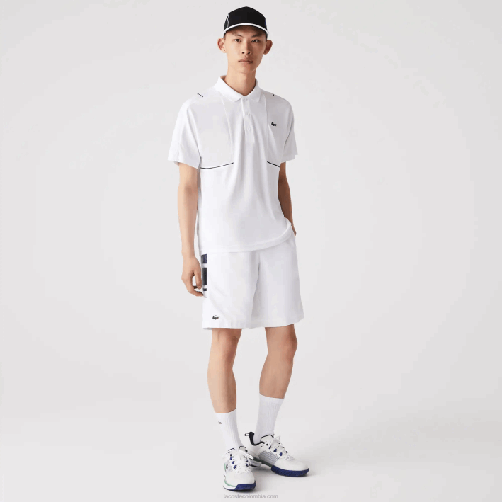 hombres Lacoste 6F241596 blanco azul marino 522 shorts deportivos con bandas laterales estampadas