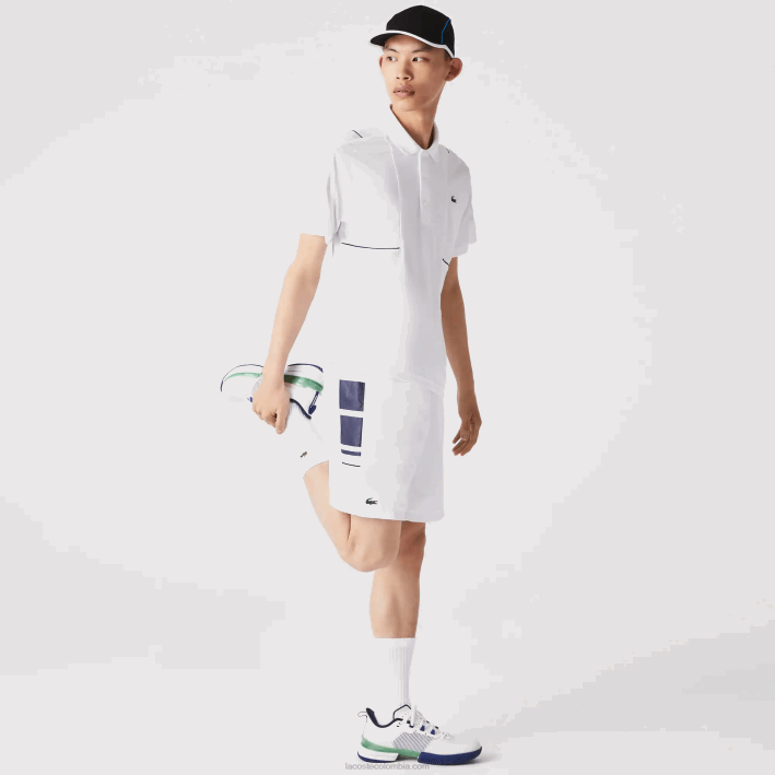hombres Lacoste 6F241596 blanco azul marino 522 shorts deportivos con bandas laterales estampadas