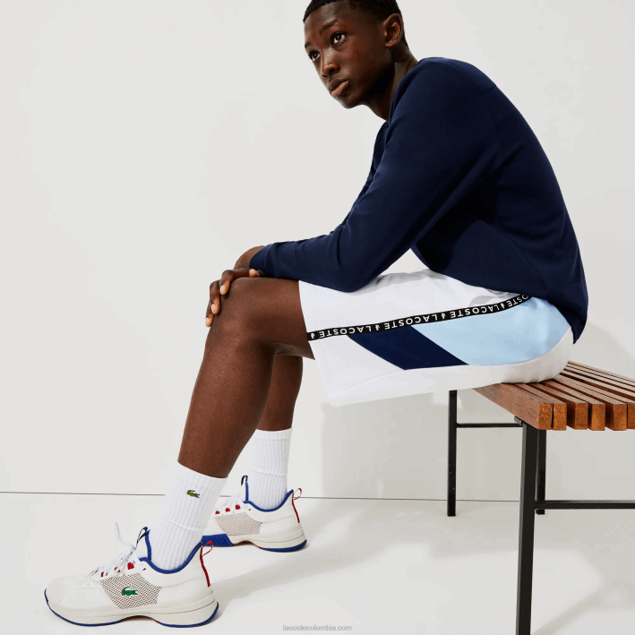 hombres Lacoste 6F241602 blanco azul vl3 bermudas polares con bandas con letras hombres Lacoste 6F241602 blanco azul vl3 bermudas polares con bandas con letras