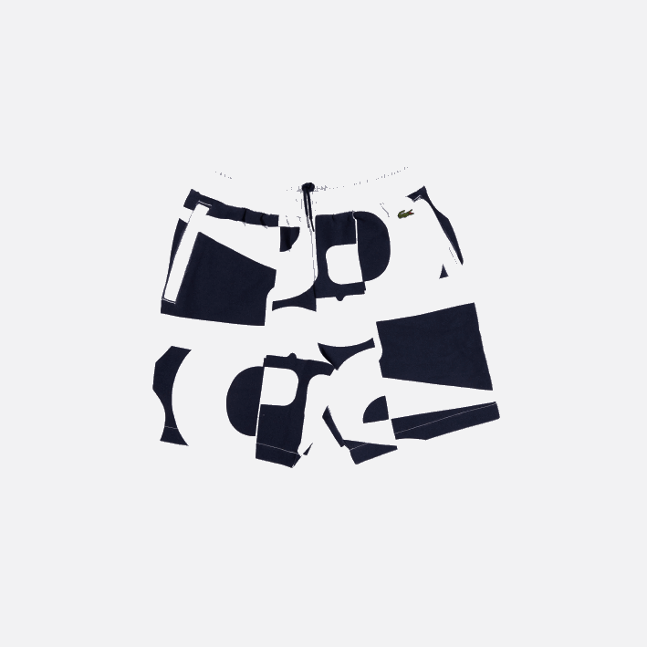 hombres Lacoste 6F241637 azul marino blanco 525 shorts de felpa con estampado Heritage Graphic