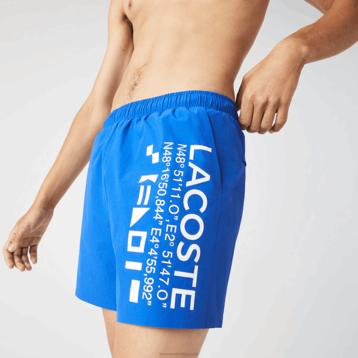 hombres Lacoste 6F241661 azul blanco 7lc shorts de playa con estampado náutico