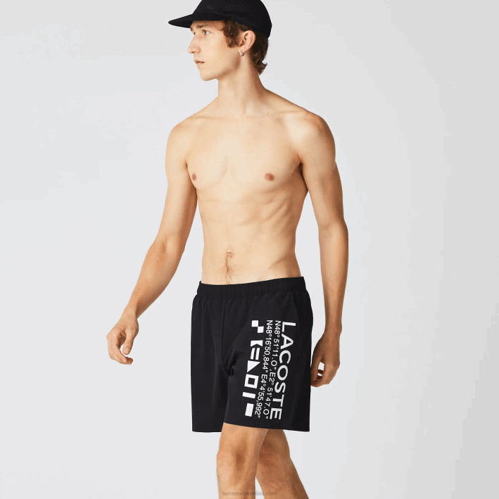 hombres Lacoste 6F241662 negro blanco 9m0 shorts de playa con estampado náutico hombres Lacoste 6F241662 negro blanco 9m0 shorts de playa con estampado náutico