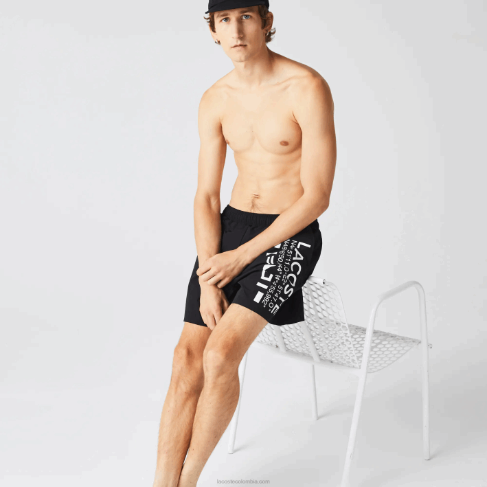 hombres Lacoste 6F241662 negro blanco 9m0 shorts de playa con estampado náutico