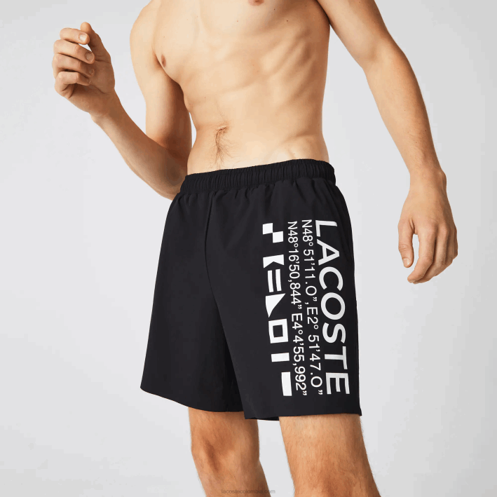 hombres Lacoste 6F241662 negro blanco 9m0 shorts de playa con estampado náutico