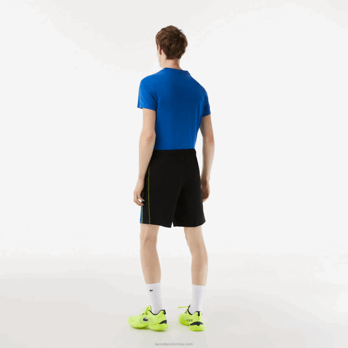 hombres Lacoste 6F24425 xis negro azul amarillo pantalones cortos de tenis de poliéster reciclado