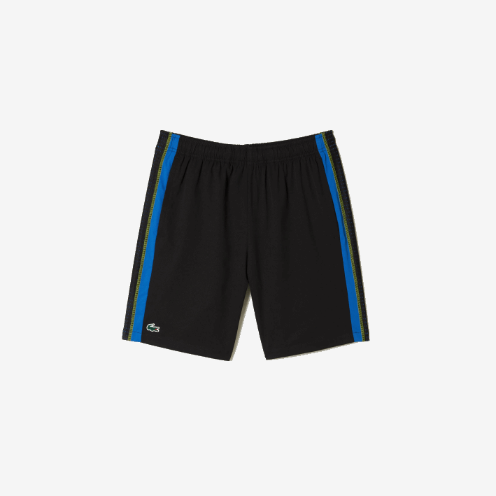 hombres Lacoste 6F24425 xis negro azul amarillo pantalones cortos de tenis de poliéster reciclado
