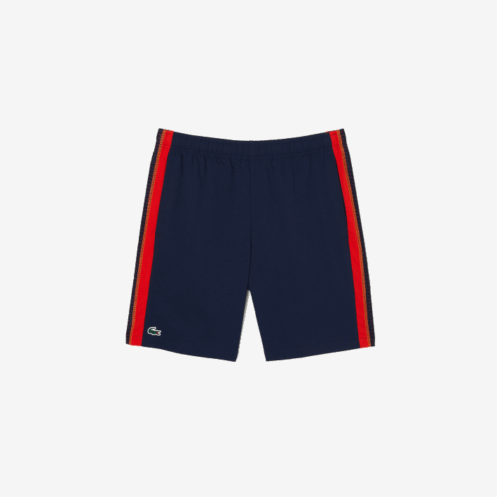 hombres Lacoste 6F24426 azul marino rojo naranja xii pantalones cortos de tenis de poliéster reciclado