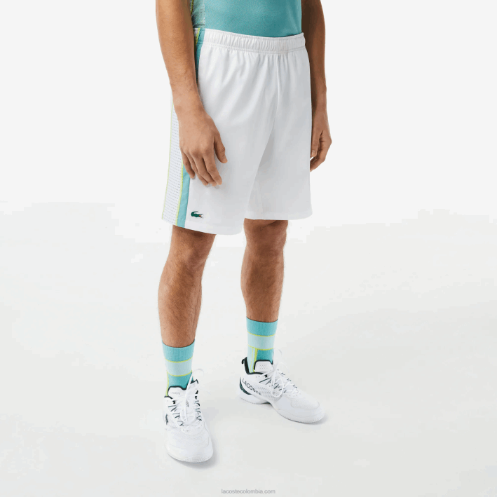hombres Lacoste 6F24427 blanco verde amarillo bh3 pantalones cortos de tenis de poliéster reciclado