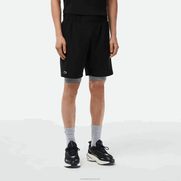 hombres Lacoste 6F24481 negro gris chine x0i pantalones cortos deportivos de dos tonos con calzoncillos incorporados
