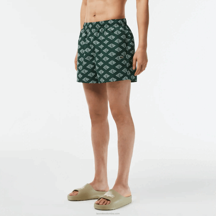 hombres Lacoste 6F24530 año blanco verde bañador con estampado de monograma de dos tonos
