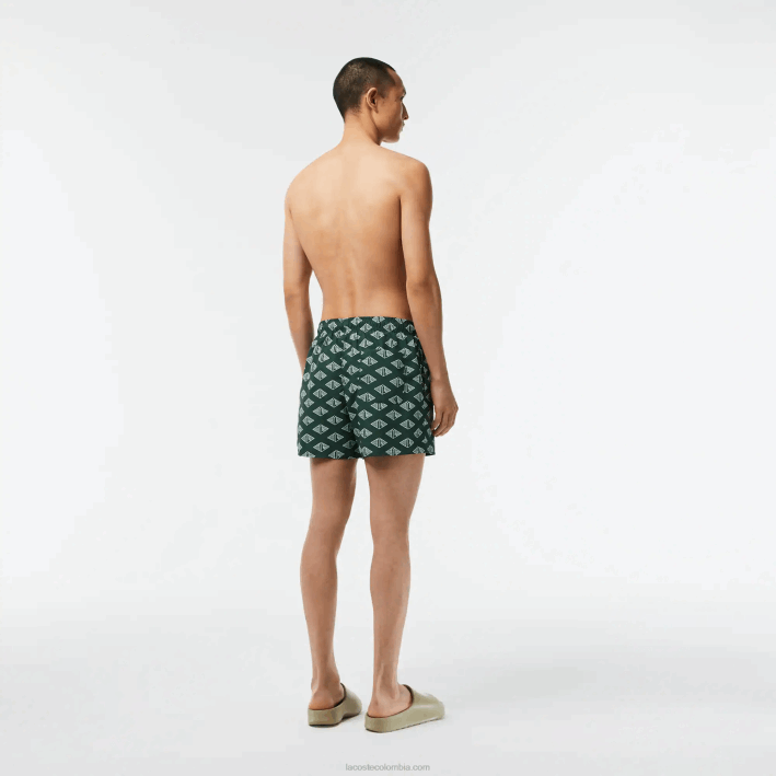 hombres Lacoste 6F24530 año blanco verde bañador con estampado de monograma de dos tonos