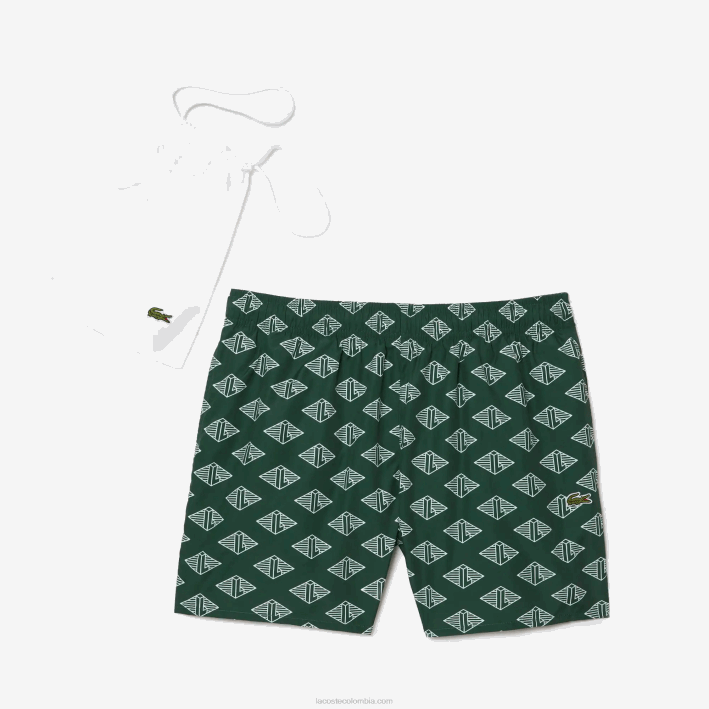 hombres Lacoste 6F24530 año blanco verde bañador con estampado de monograma de dos tonos