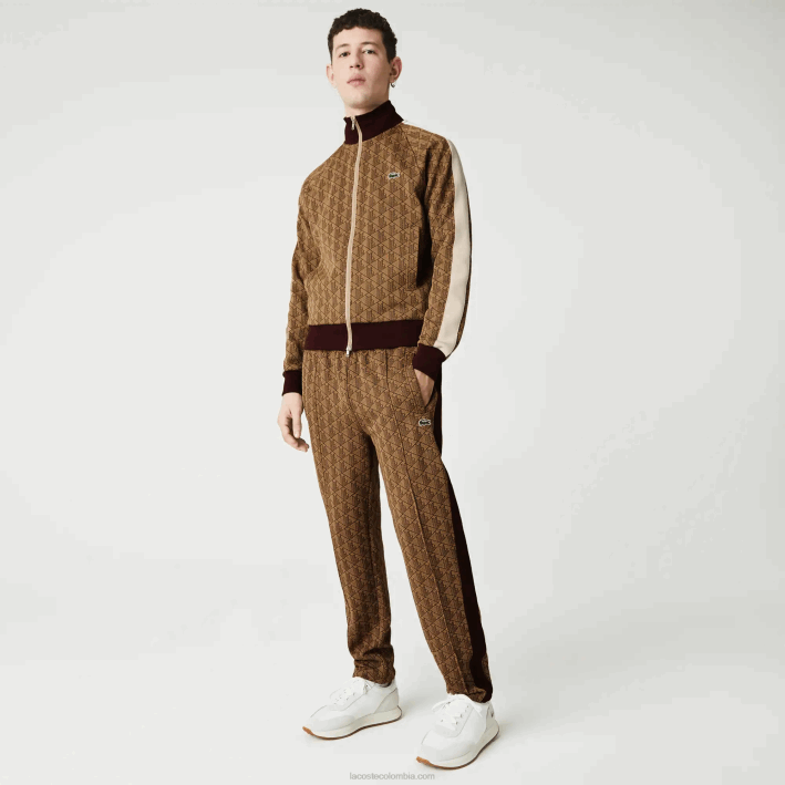 hombres Lacoste 6F241186 beige burdeos mkj pantalones de chándal en vivo con monograma en jacquard