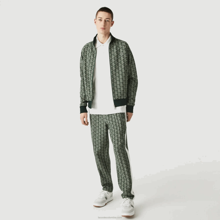 hombres Lacoste 6F241187 beige verde 7m4 pantalones de chándal en vivo con monograma en jacquard