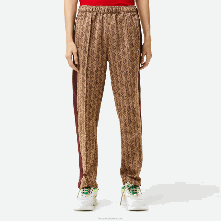 hombres Lacoste 6F24278 beige burdeos mkj pantalones de chándal con monograma estampado