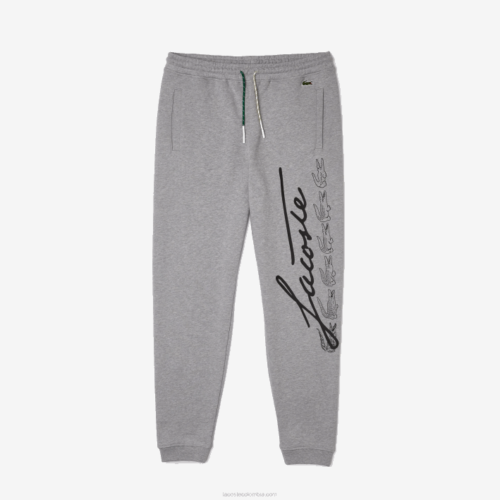hombres Lacoste 6F241065 lomo gris 4jv pantalones de chándal de felpa de algodón con estampado de cocodrilo y firma